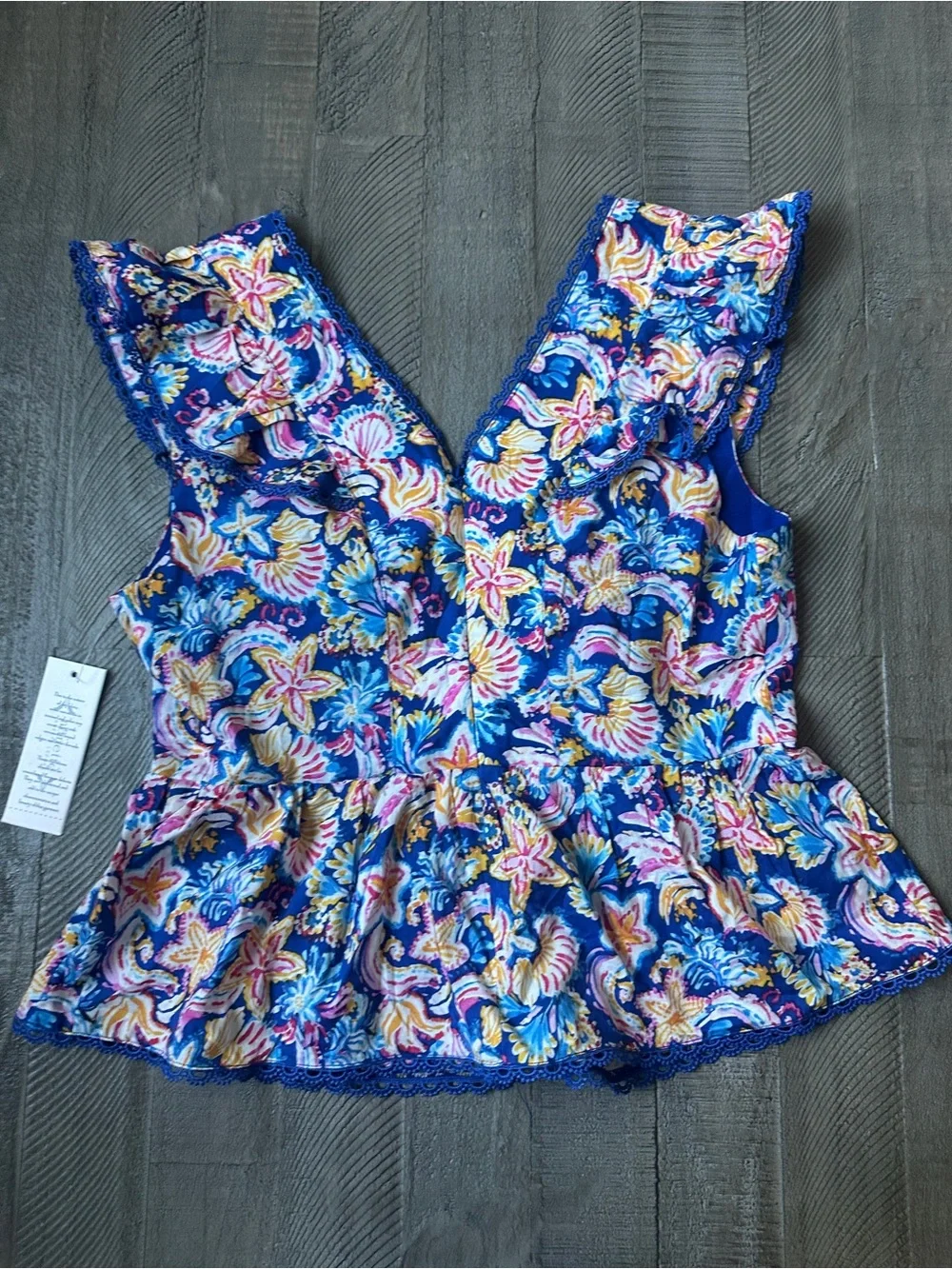 NWT Nanette Lepore Womens Blue Floral Ruffle Peplum Tank Top Size Medium - Picture 8 of 9
